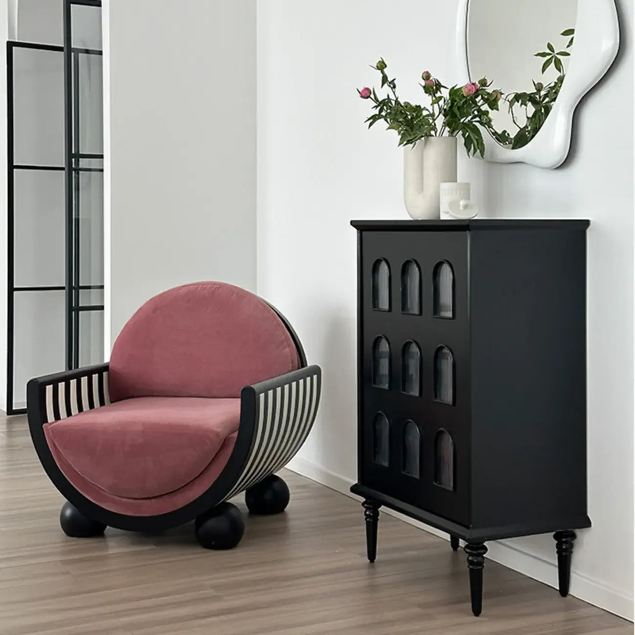 Elegant Black Wooden 9 Glass Pane Accent Storage Cabinet