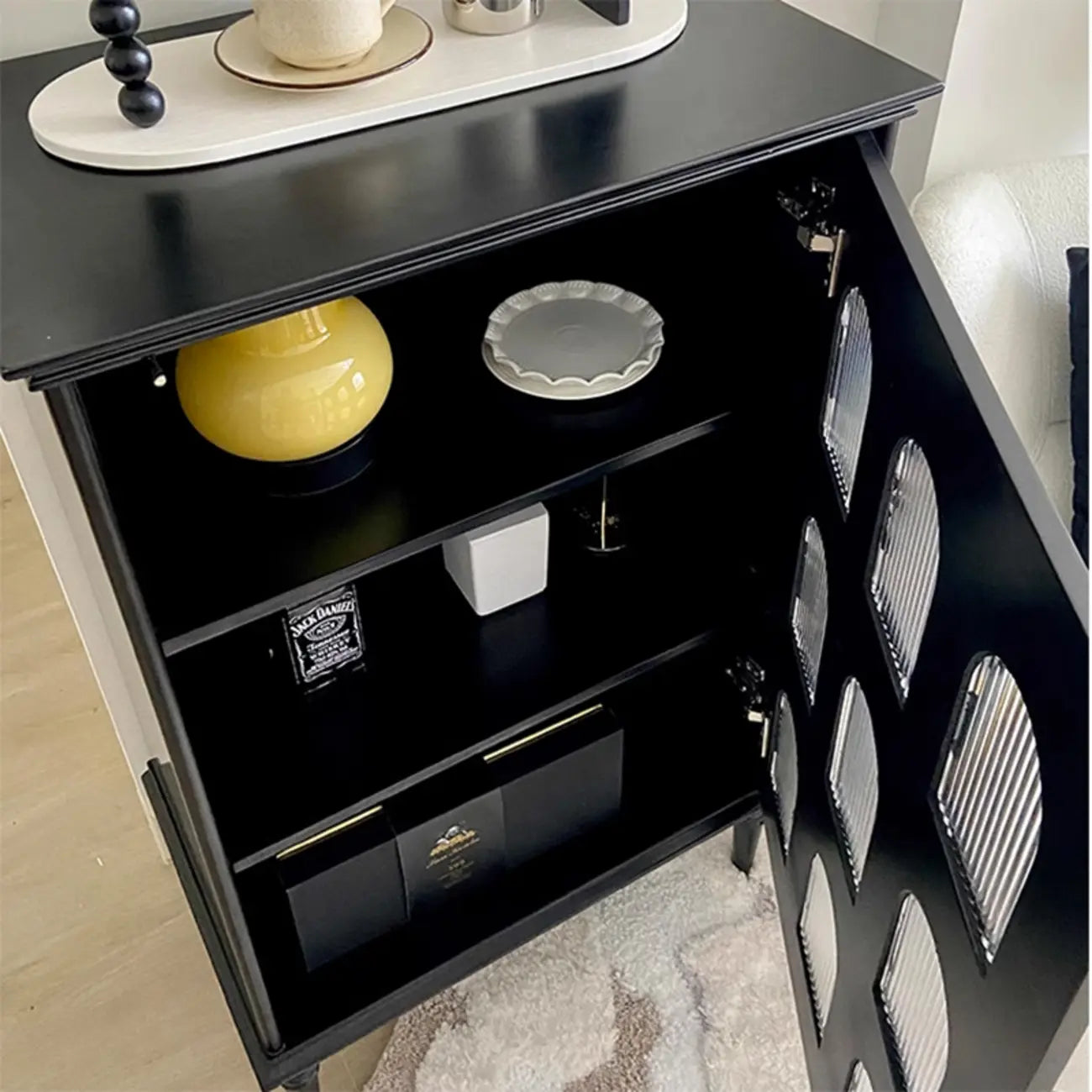 Elegant Black Wooden 9 Glass Pane Accent Storage Cabinet