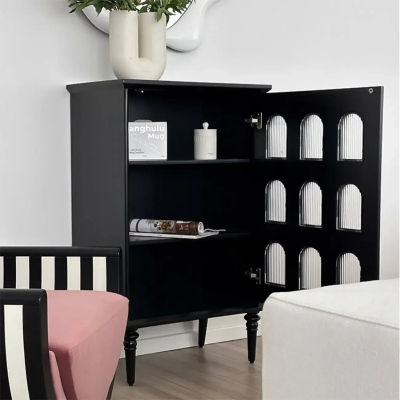 Elegant Black Wooden 9 Glass Pane Accent Storage Cabinet