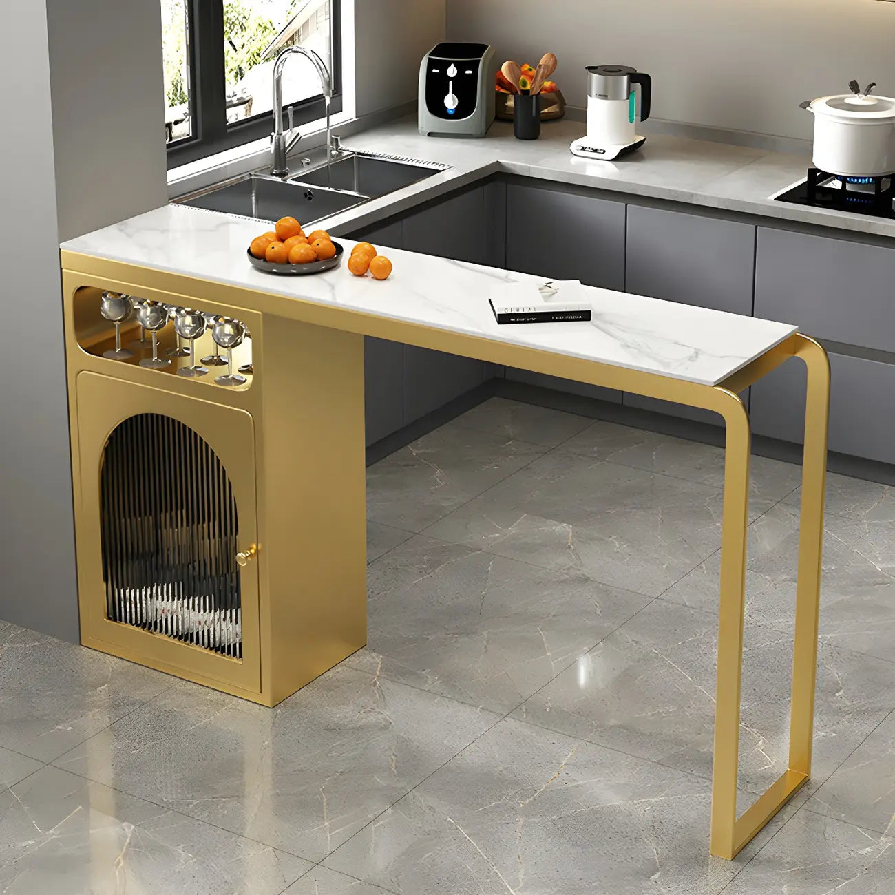 Modern White-Gold Stone Metal Wine Storage Kitchen Bar Tables