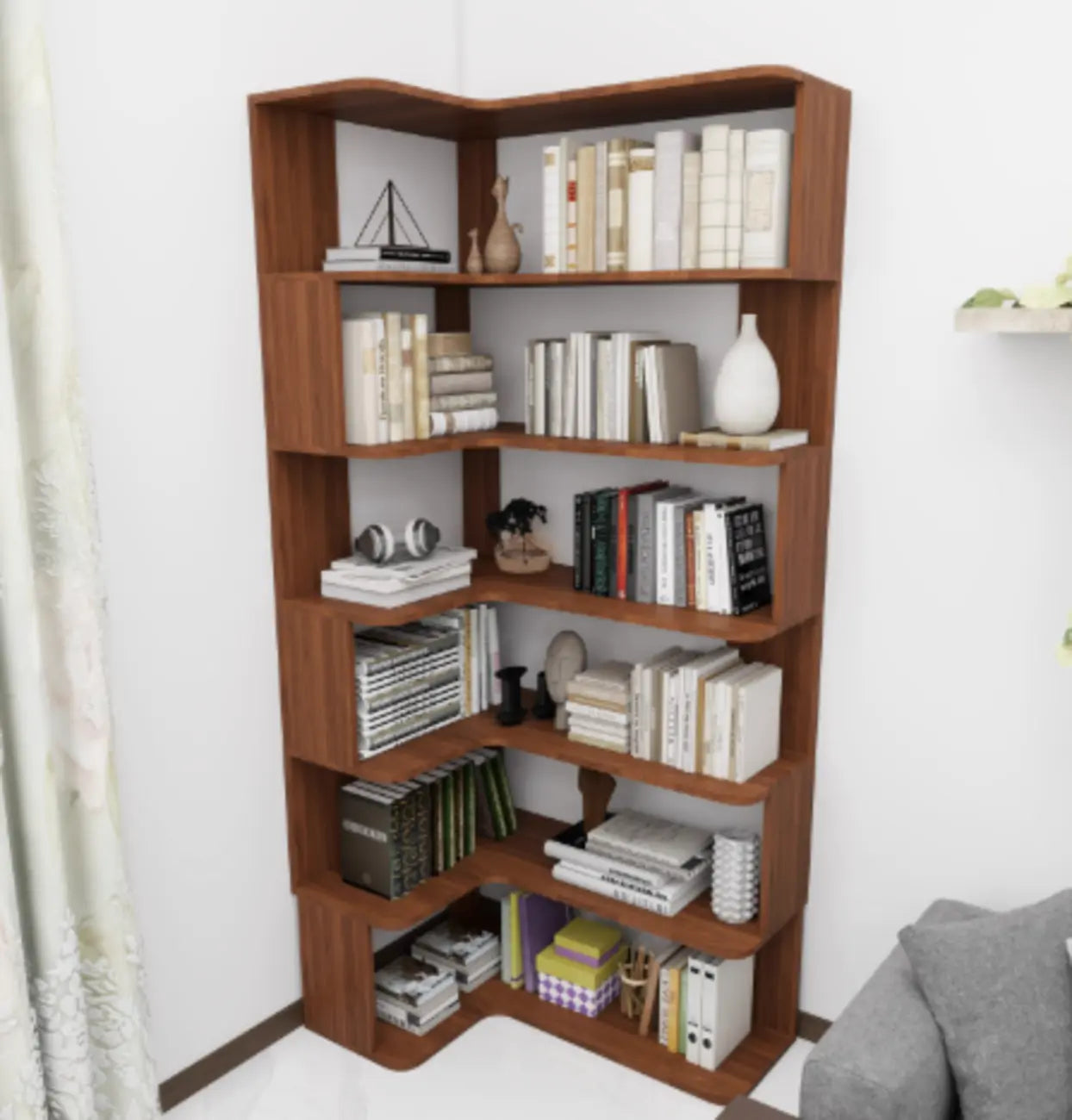 Manufactured Wood Corner Bookshelf with 6 Shelves