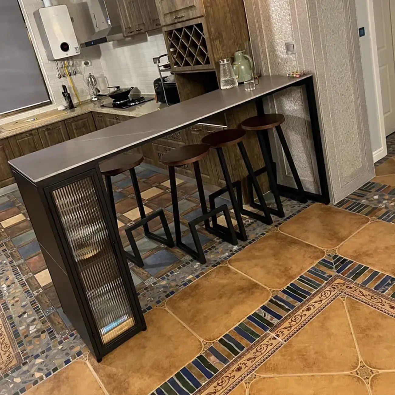 Modern Grey Stone Metal Base Storage Bar Tables for Kitchen
