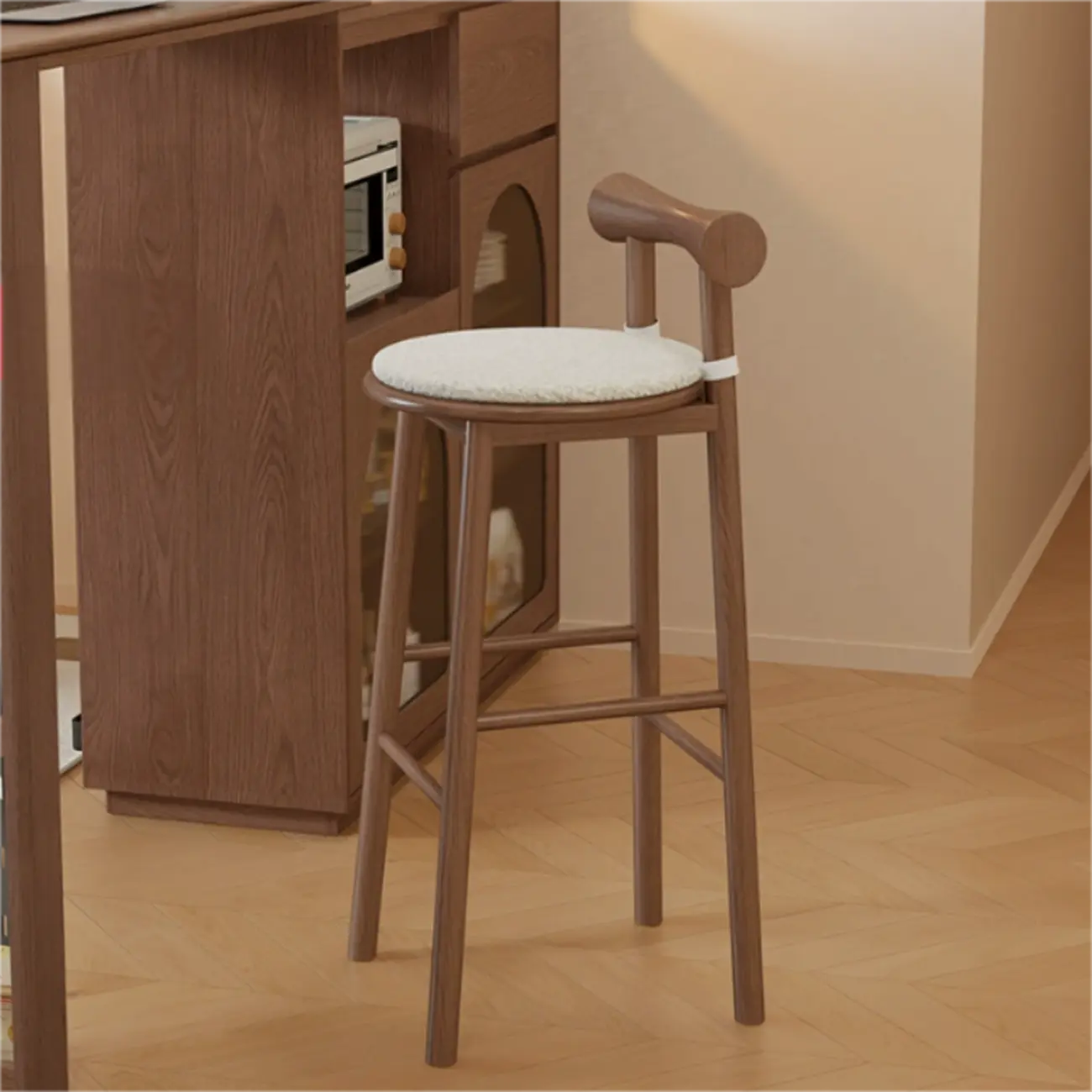 Simplistic Cushioned Round Wood Bar Stools with Backs