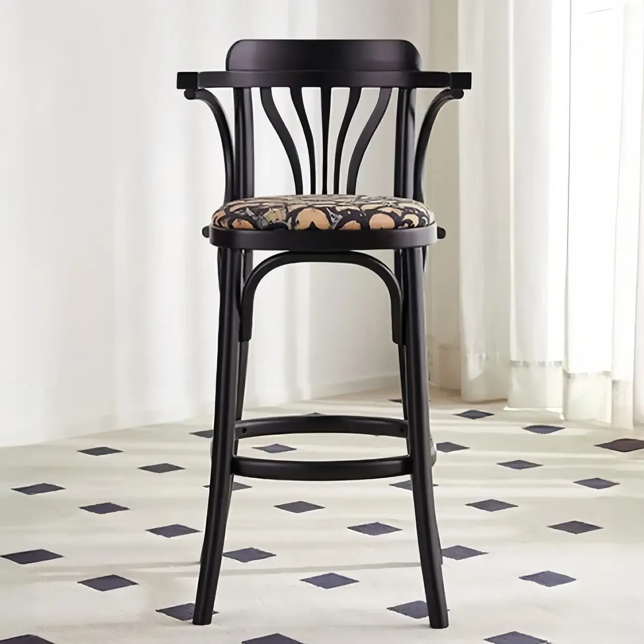 Mid-Century Wooden Round Upholstered Bar Stools with Back