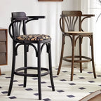 Mid-Century Wooden Round Upholstered Bar Stools with Back
