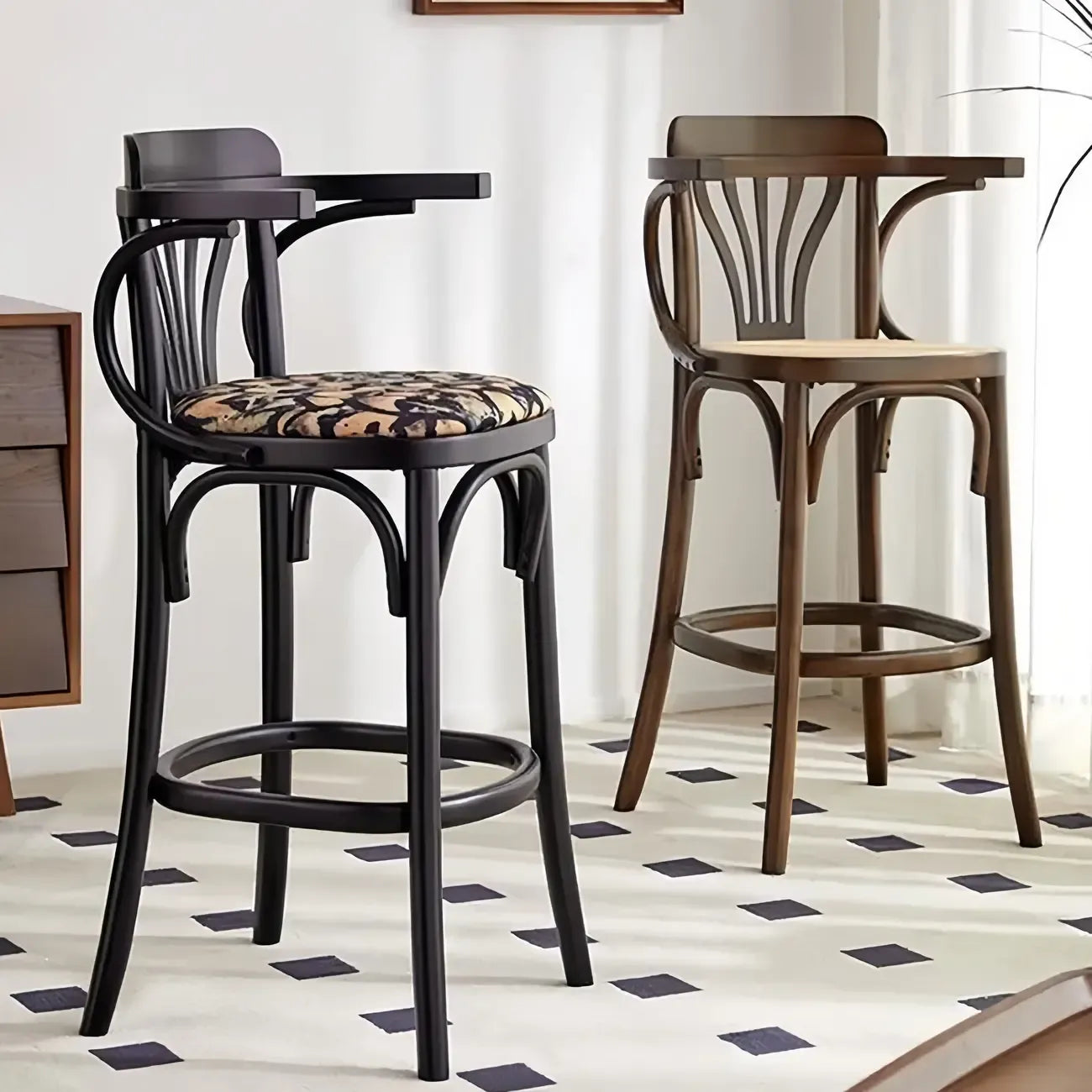 Mid-Century Wooden Round Upholstered Bar Stools with Back