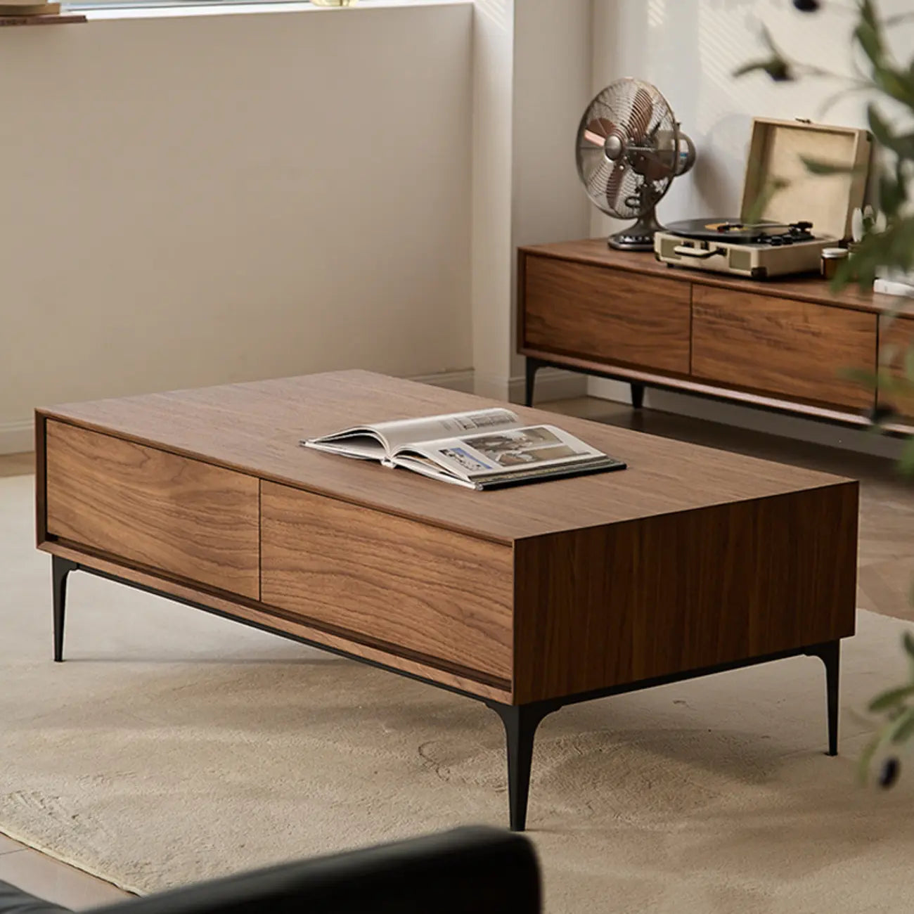 Large Rectangular Waterproof Brown 4-Drawer Wood Coffee Table