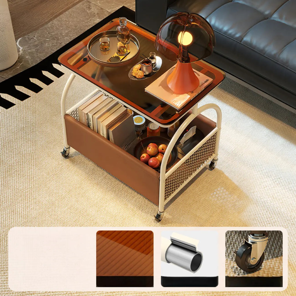 Versatile Glass-Top Metal 360° Rolling Side Table with Storage