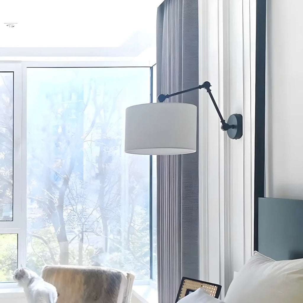 Black 1-Light Metal Swing Arm Wall Light with White Fabric Shade