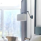 Black 1-Light Metal Swing Arm Wall Light with White Fabric Shade