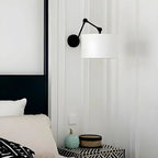 Black 1-Light Metal Swing Arm Wall Light with White Fabric Shade