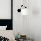Black 1-Light Metal Swing Arm Wall Light with White Fabric Shade