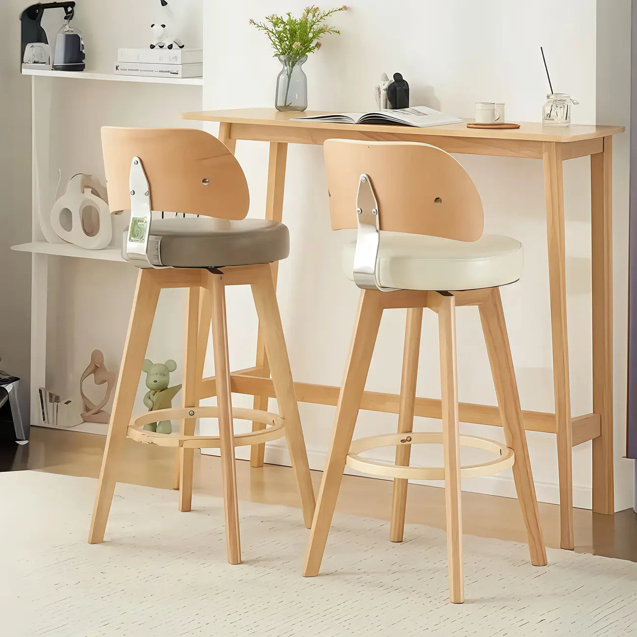 Natural Wood Round Leather Swivel Bar Stools