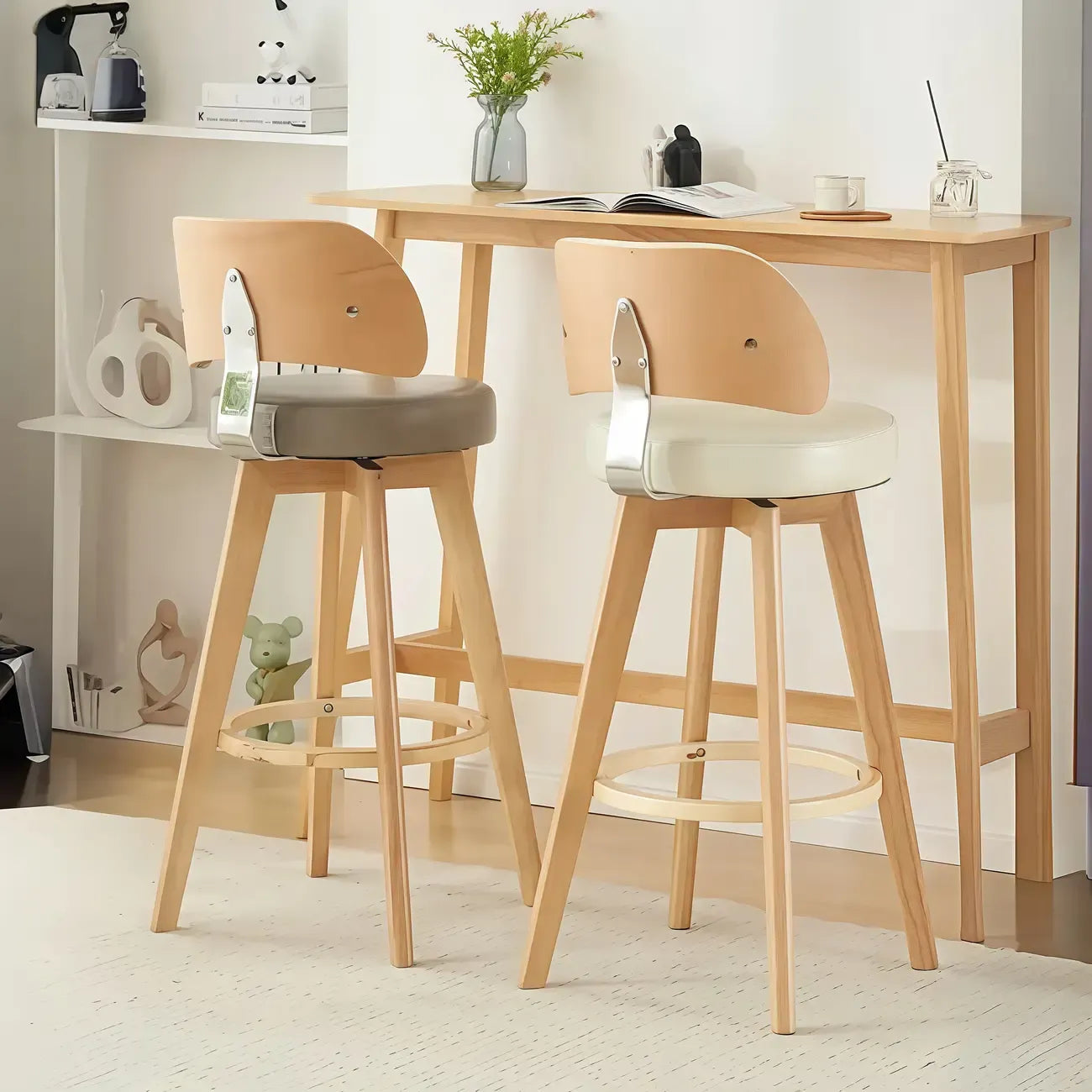 Natural Wood Round Leather Swivel Bar Stools