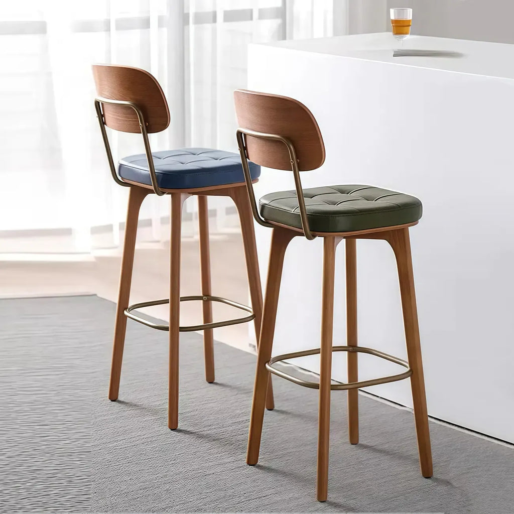 Rustic Brown Square Leather Wooden Bar Stools with Backs