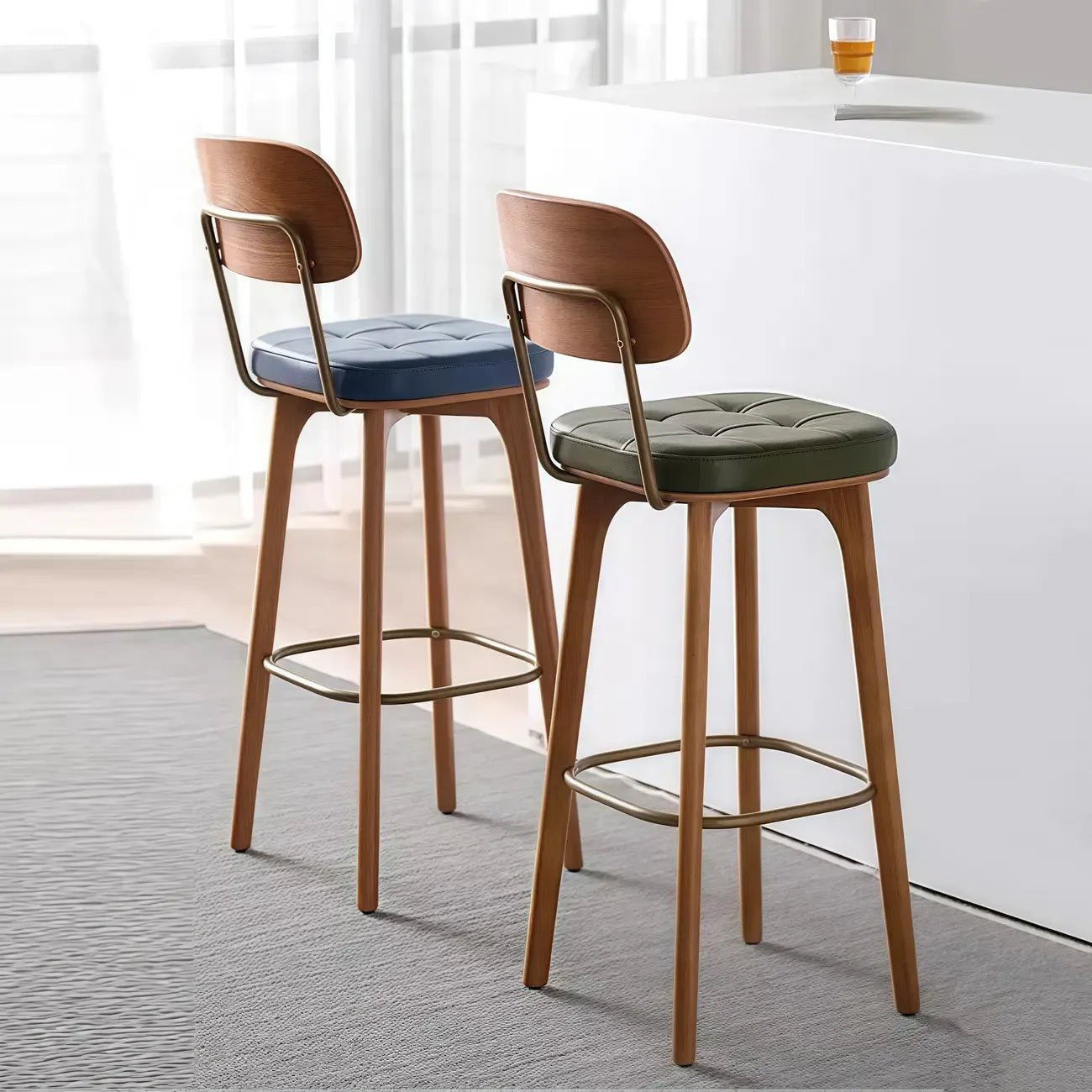 Rustic Brown Square Leather Wooden Bar Stools with Backs