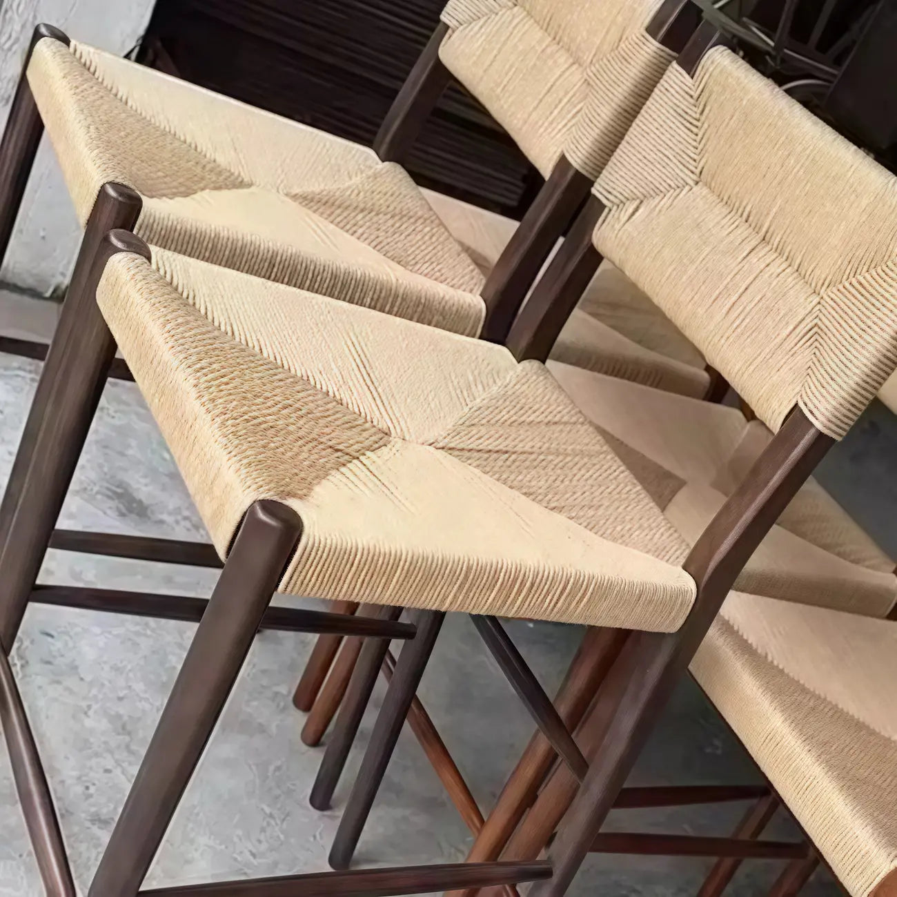 Natural Wood Woven Seat Low Back Bar Stools