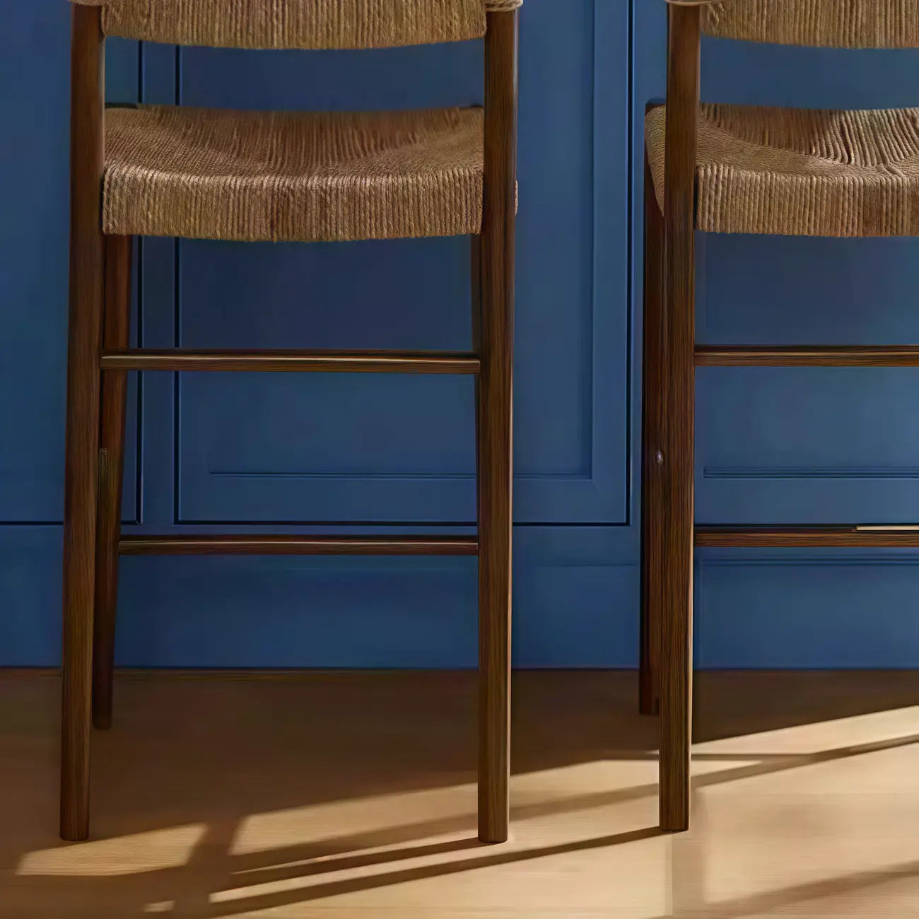 Natural Wood Woven Seat Low Back Bar Stools