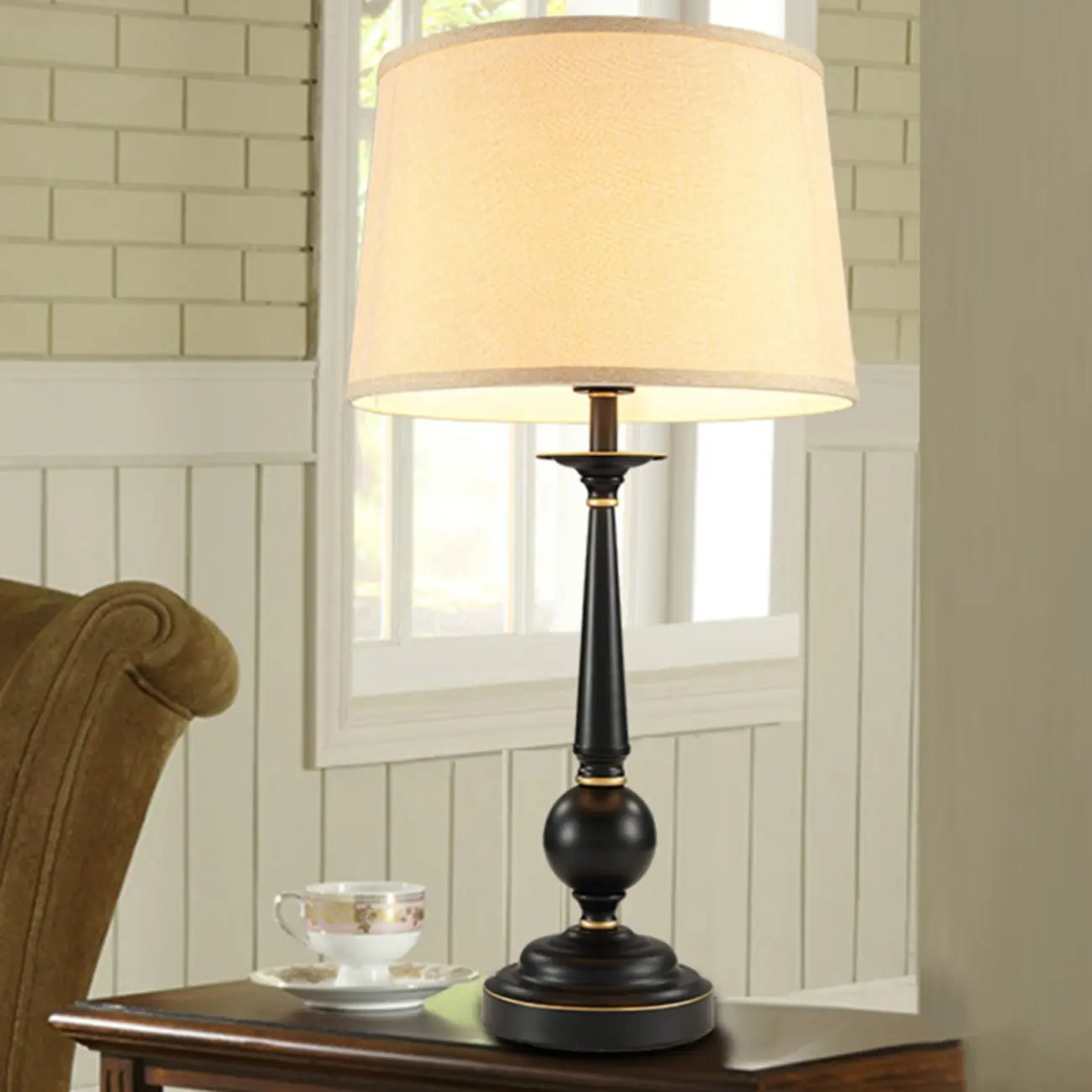 Traditional Fabric Shade Black Metal Standard Table Lamp