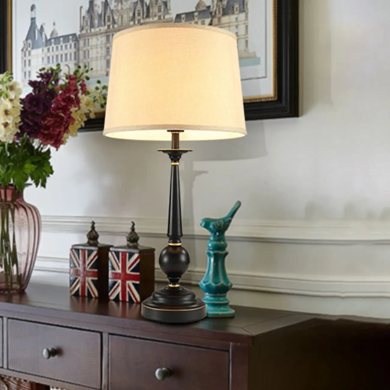 Traditional Fabric Shade Black Metal Standard Table Lamp