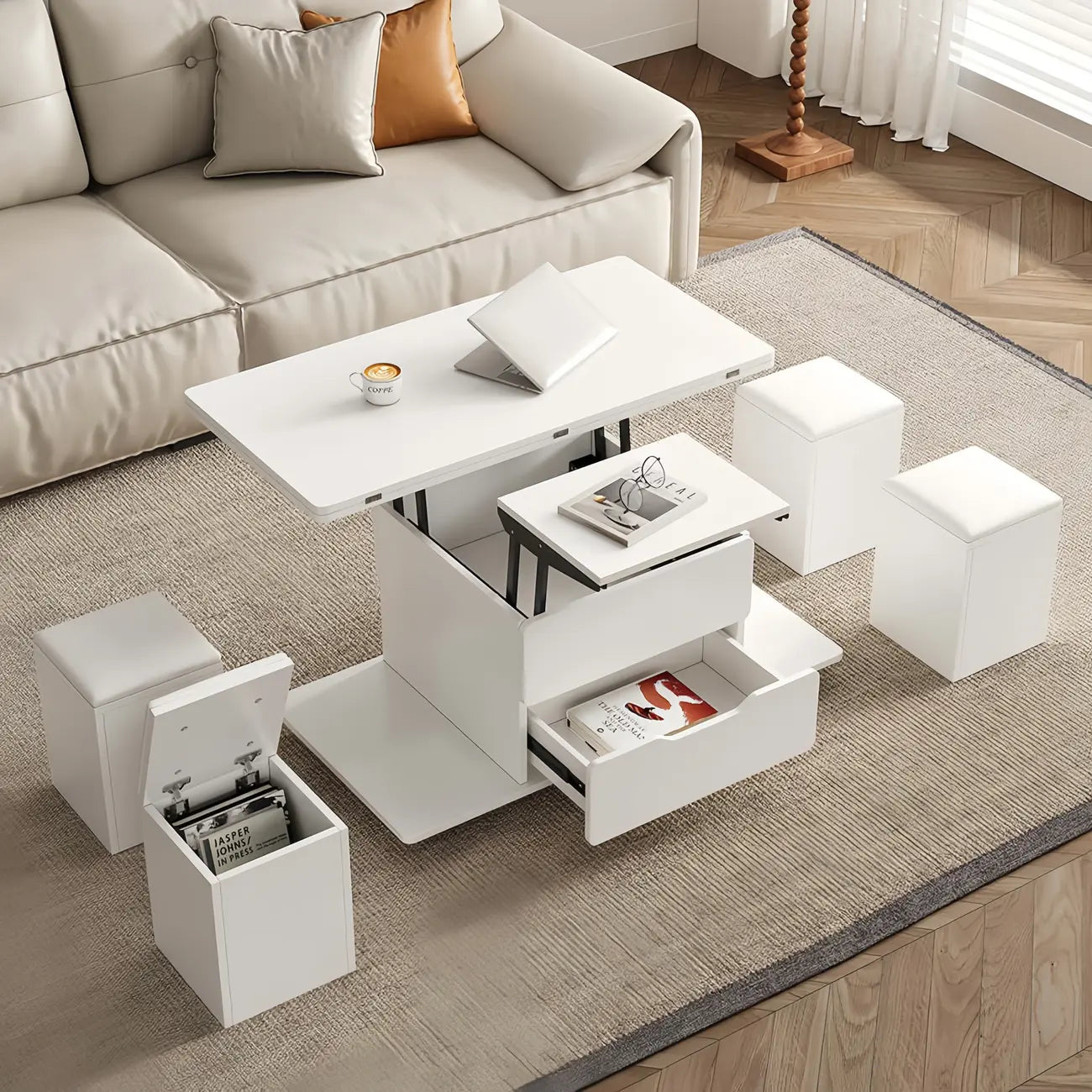 Foldable Lift-Top Coffee Table with 4 Stools & Storage