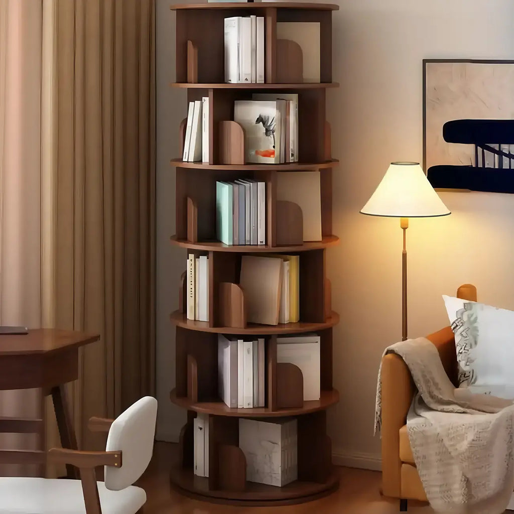 Brown Cylindrical Wooden Rotating Open-Back Bookcase