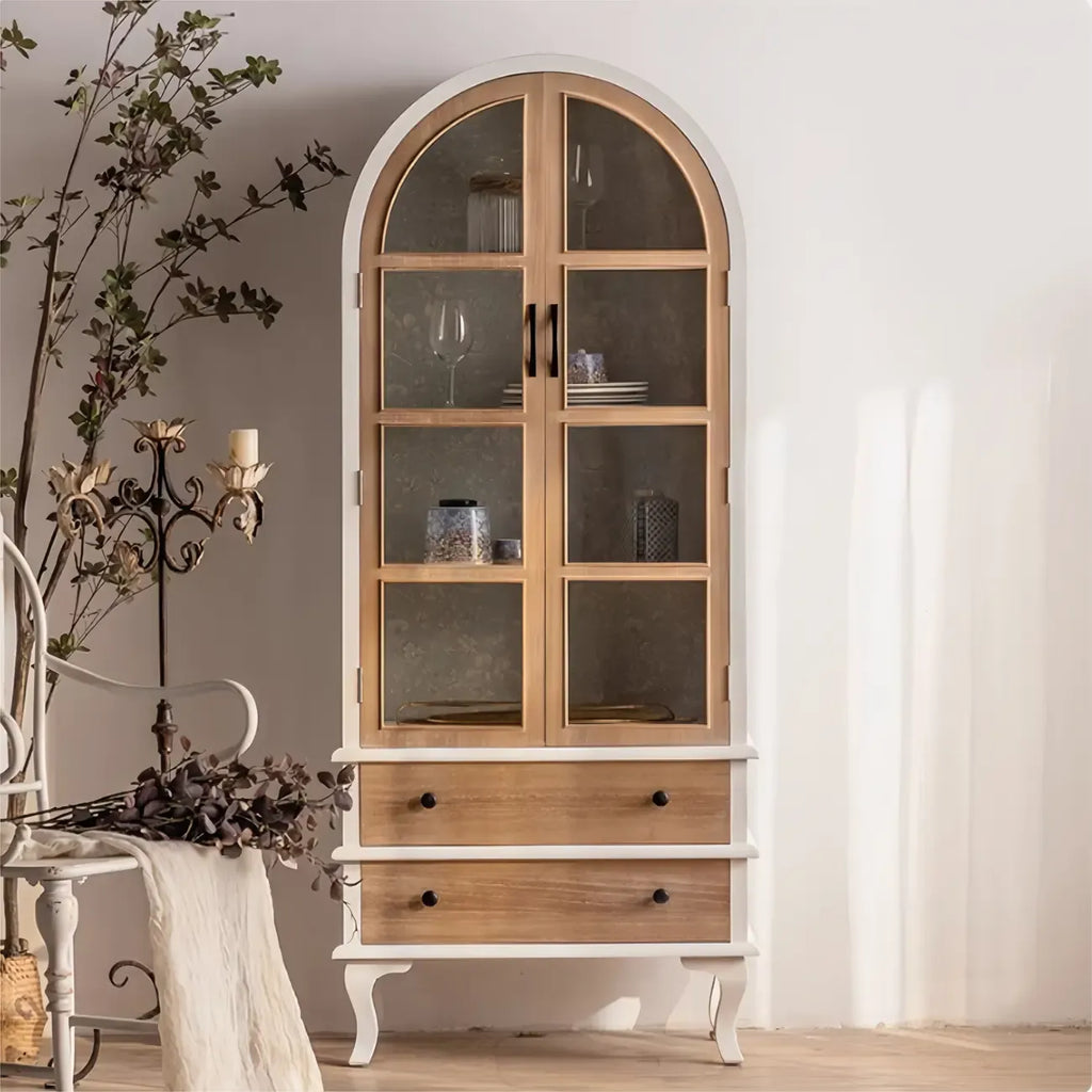 Arched Light Wood Glass Door Display Cabinet with Drawers
