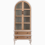 Arched Light Wood Glass Door Display Cabinet with Drawers