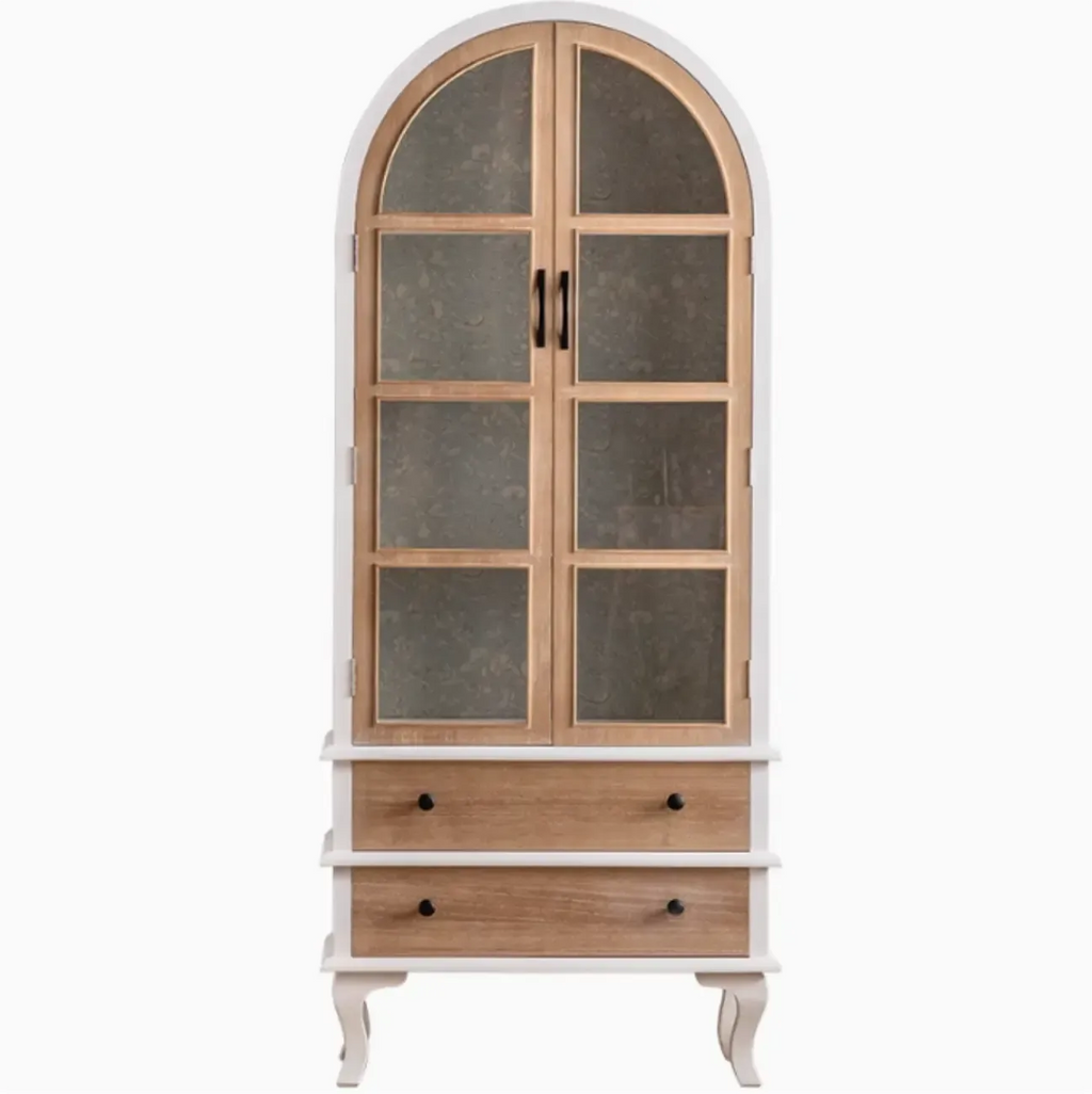 Arched Light Wood Glass Door Display Cabinet with Drawers