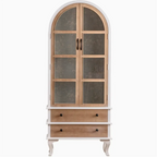 Arched Light Wood Glass Door Display Cabinet with Drawers
