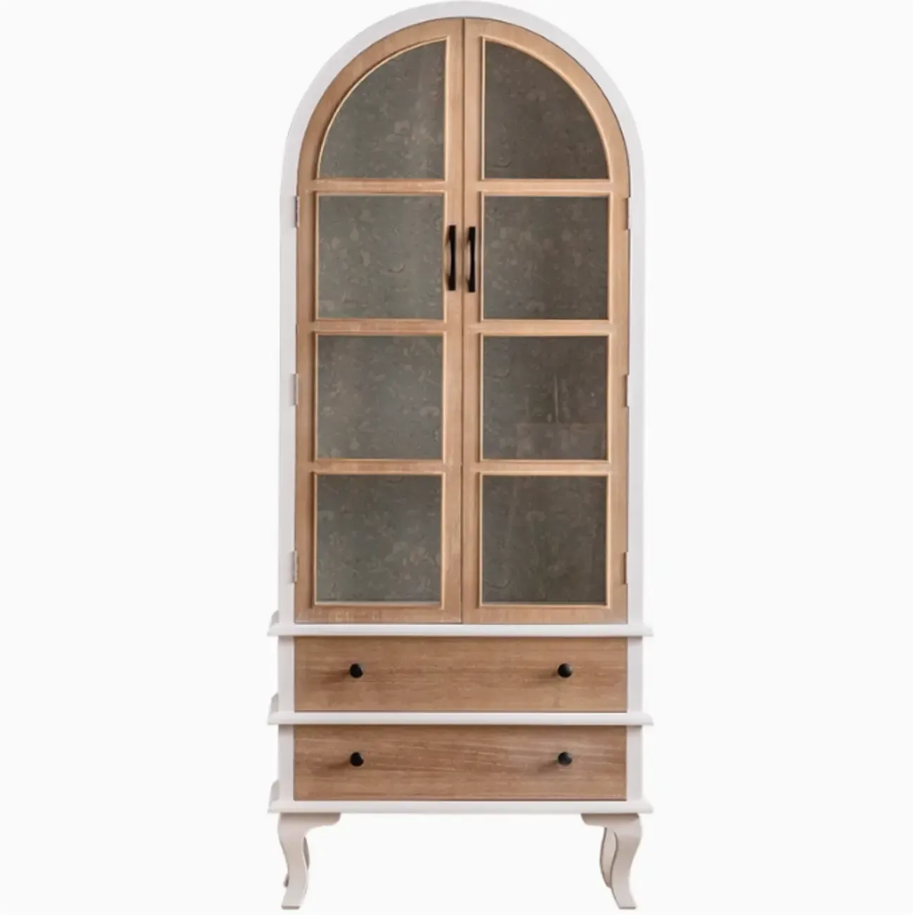 Arched Light Wood Glass Door Display Cabinet with Drawers