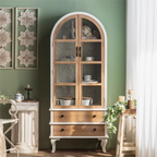 Arched Light Wood Glass Door Display Cabinet with Drawers