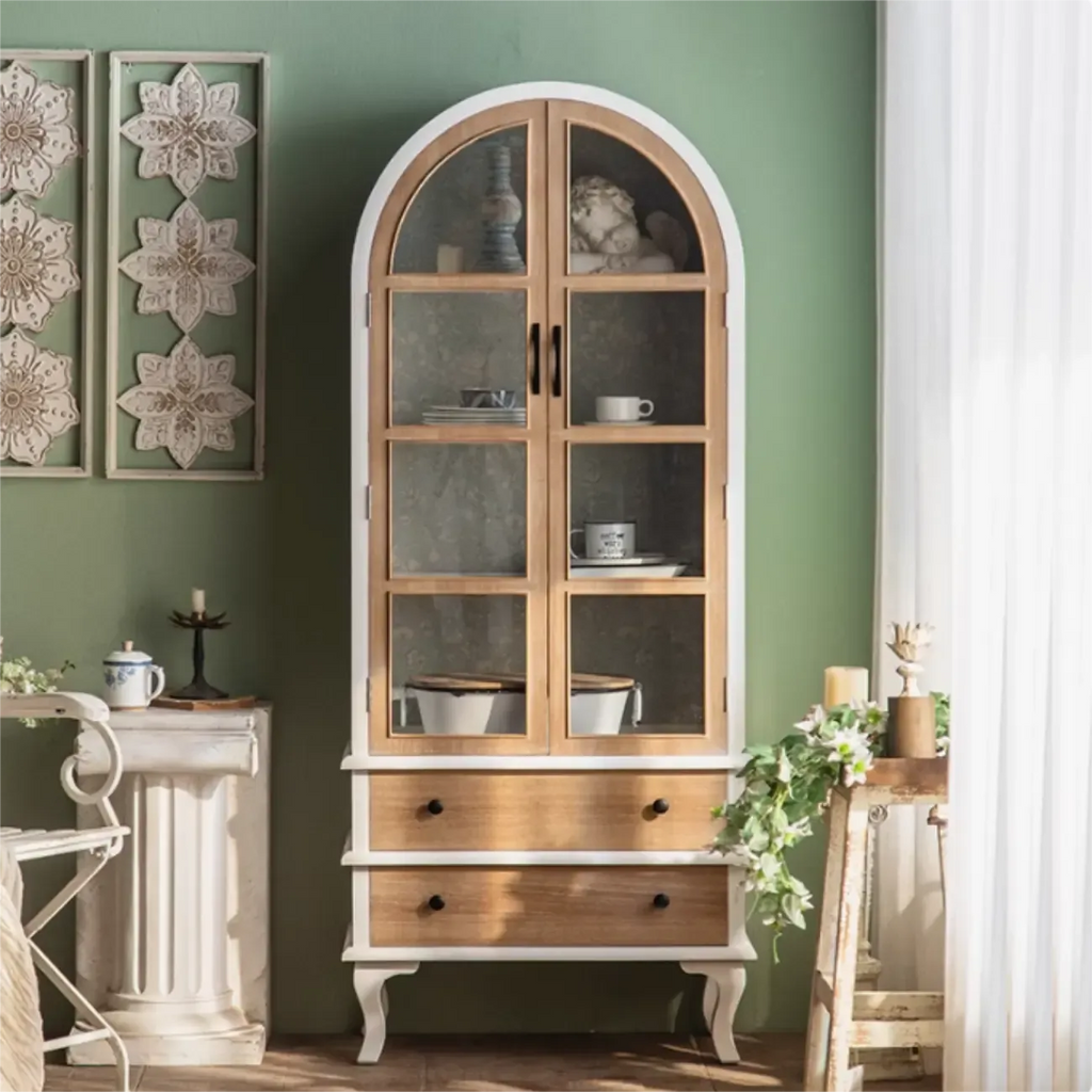 Arched Light Wood Glass Door Display Cabinet with Drawers