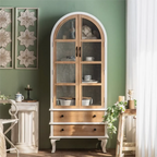 Arched Light Wood Glass Door Display Cabinet with Drawers