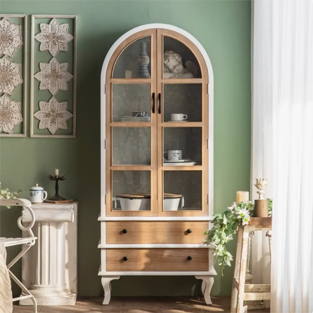 Arched Light Wood Glass Door Display Cabinet with Drawers