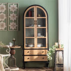 Arched Light Wood Glass Door Display Cabinet with Drawers