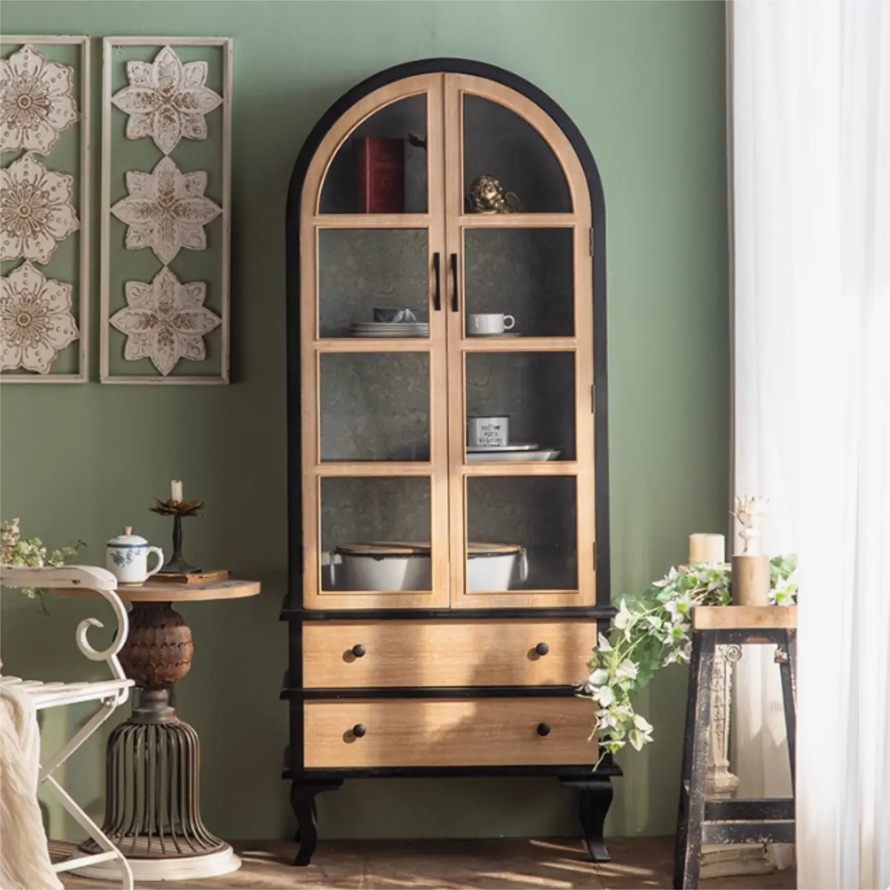 Arched Light Wood Glass Door Display Cabinet with Drawers