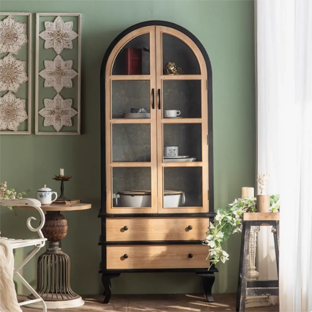 Arched Light Wood Glass Door Display Cabinet with Drawers