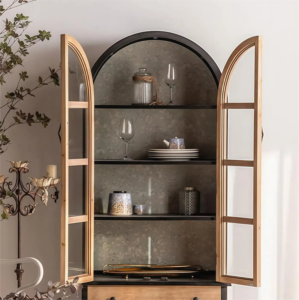 Arched Light Wood Glass Door Display Cabinet with Drawers