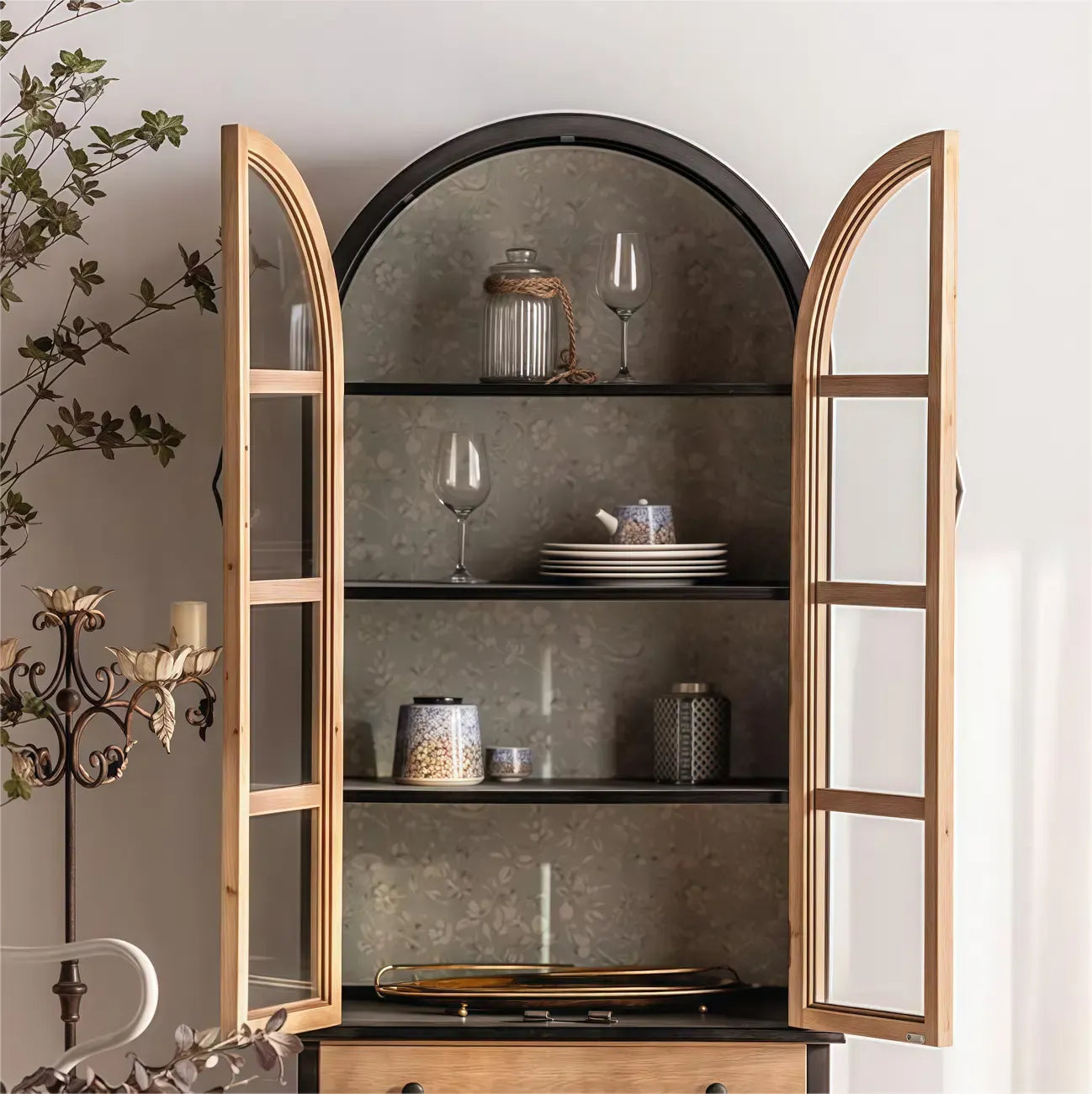 Arched Light Wood Glass Door Display Cabinet with Drawers