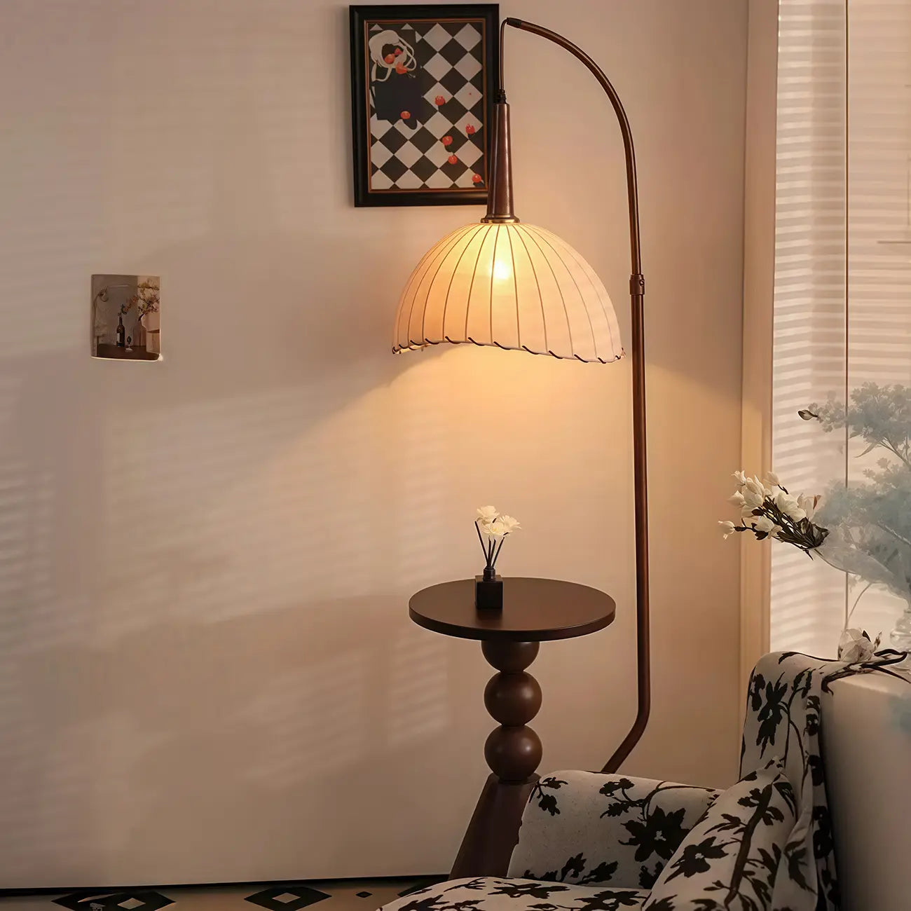 Adjustable Wooden Beige Dome Arc Floor Lamp with Table
