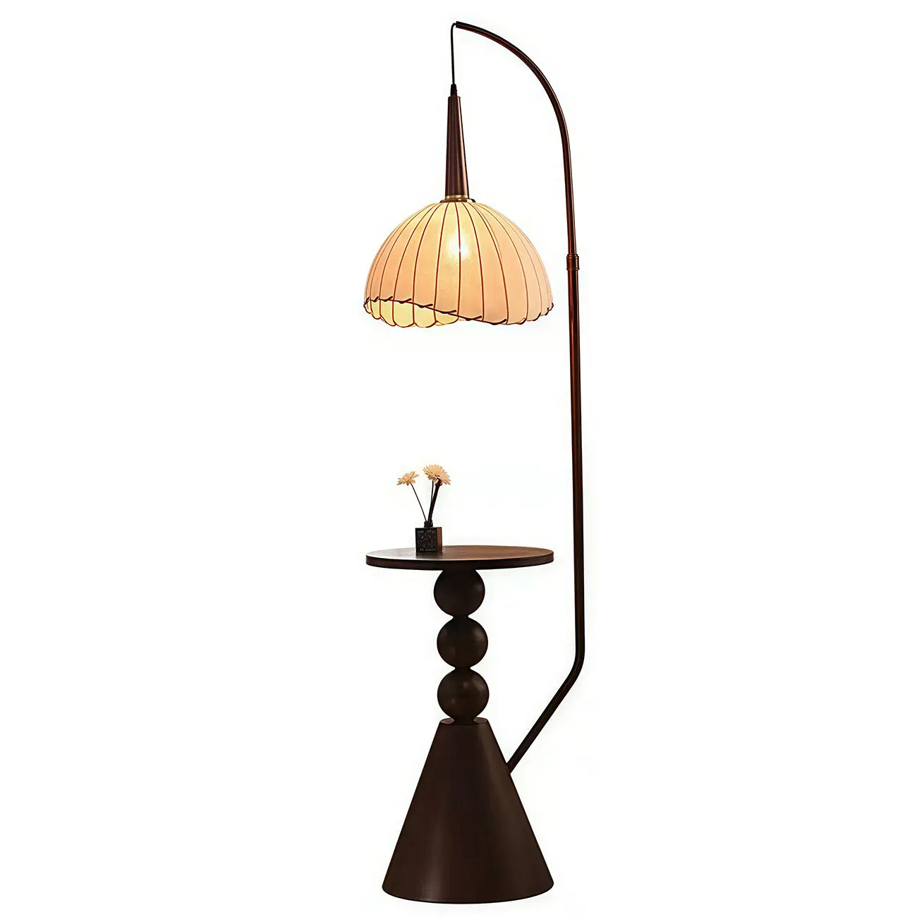 Adjustable Wooden Beige Dome Arc Floor Lamp with Table