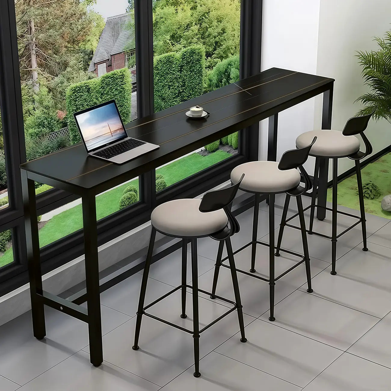Modern Grey Stone Top Bar Height Table with Trestle Base