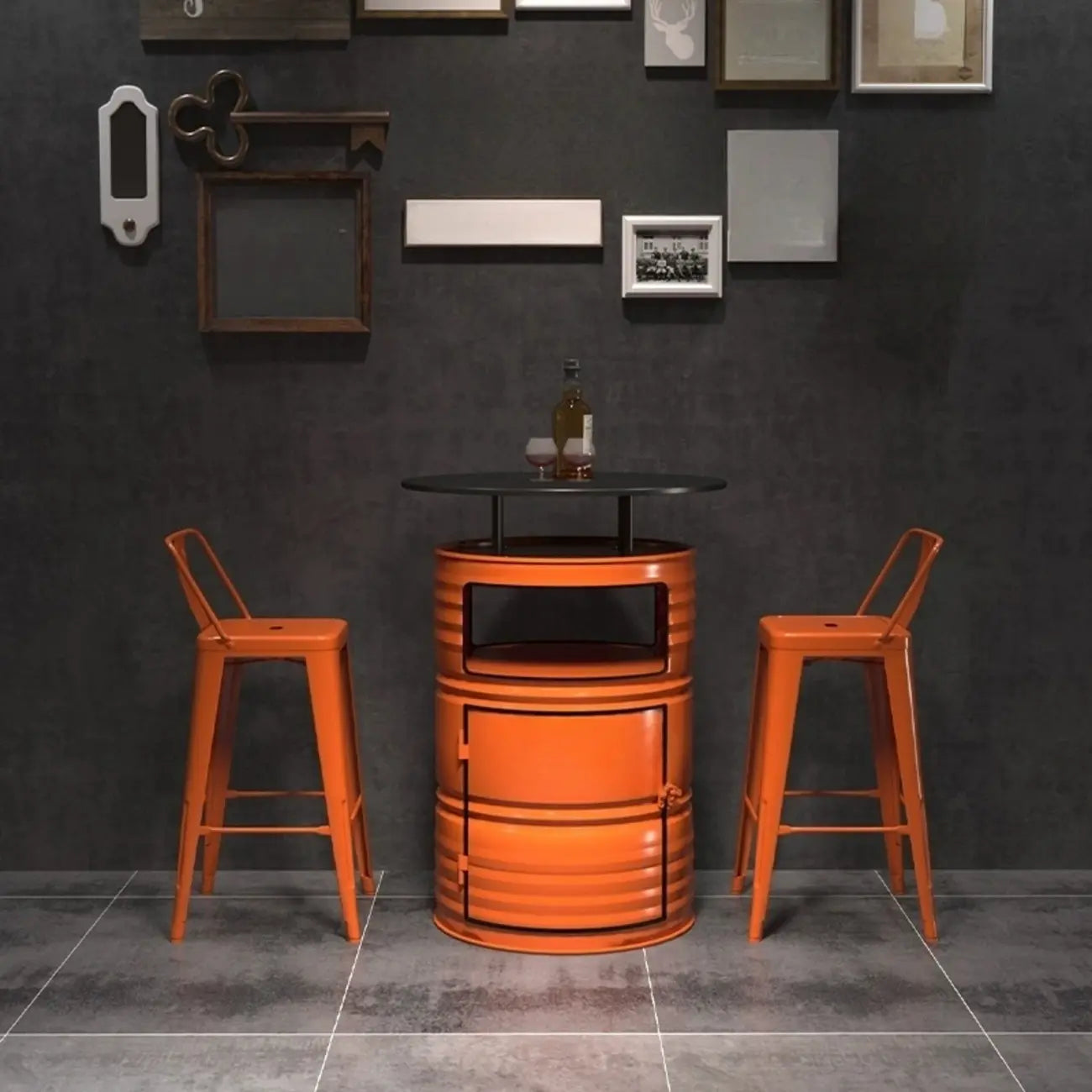 Industrial Black Orange Metal Drum Storage Bar Tables