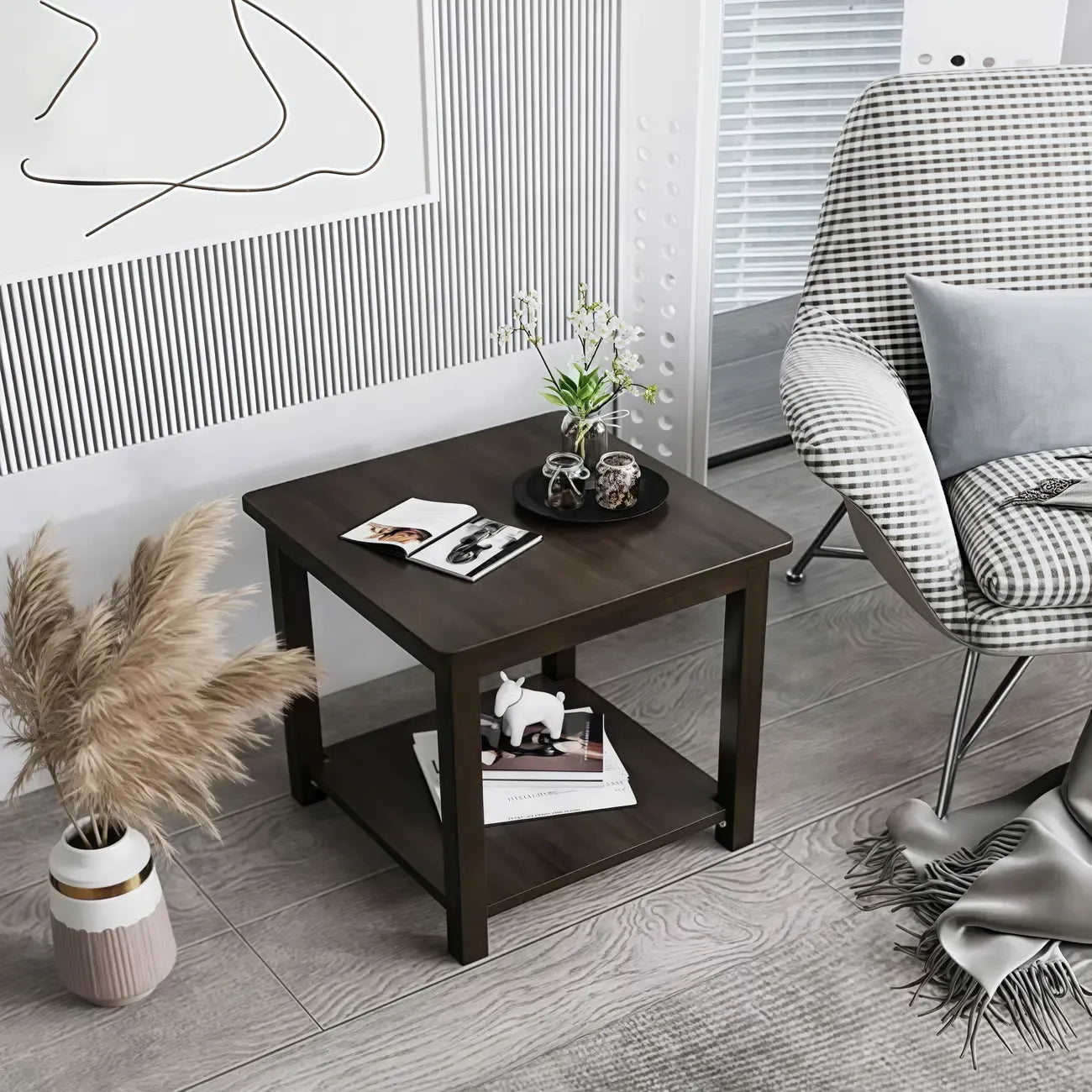Minimalist Black Wood End Table with Storage for Living Room