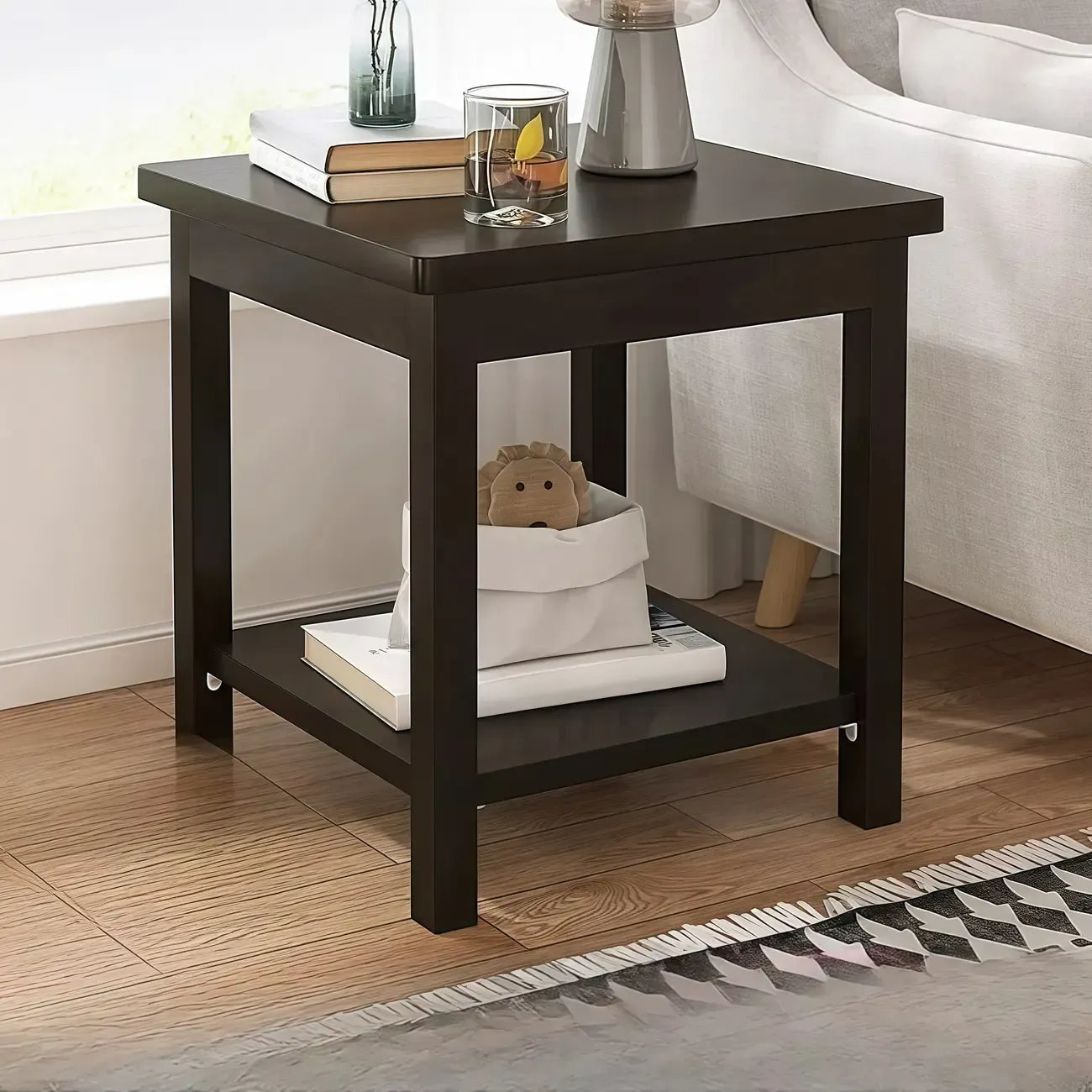 Minimalist Black Wood End Table with Storage for Living Room