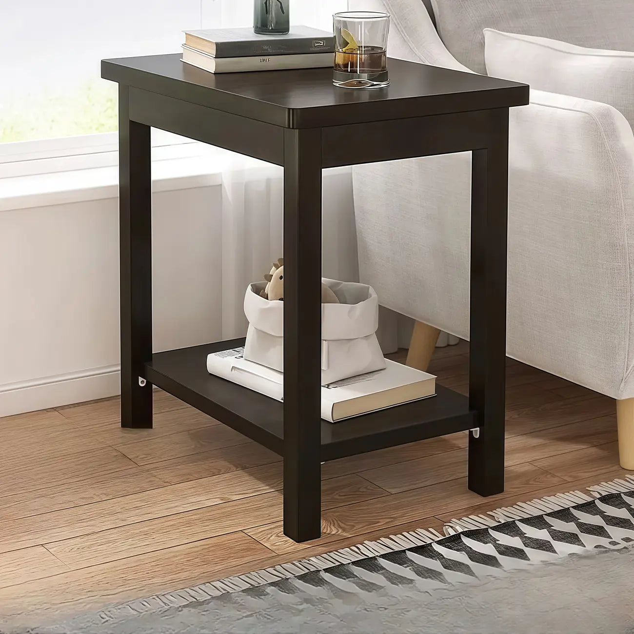 Minimalist Black Wood End Table with Storage for Living Room
