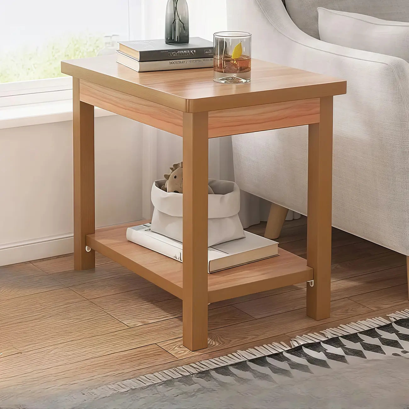 Minimalist Black Wood End Table with Storage for Living Room