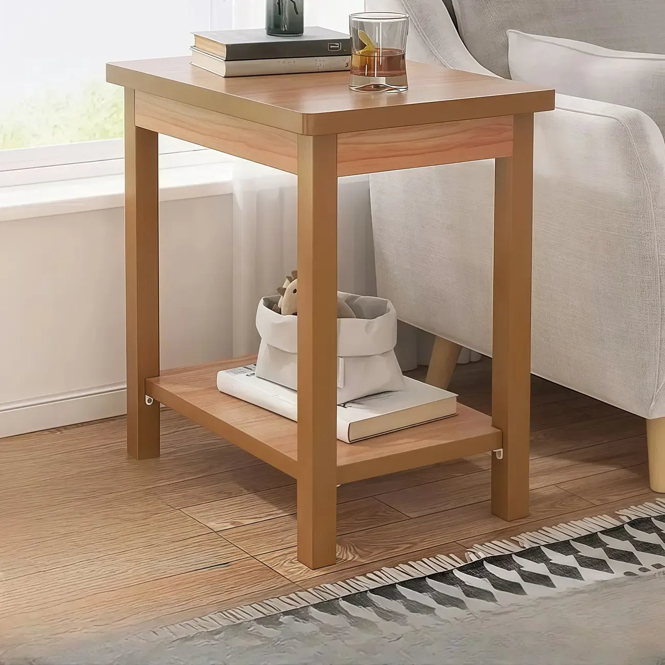 Minimalist Black Wood End Table with Storage for Living Room