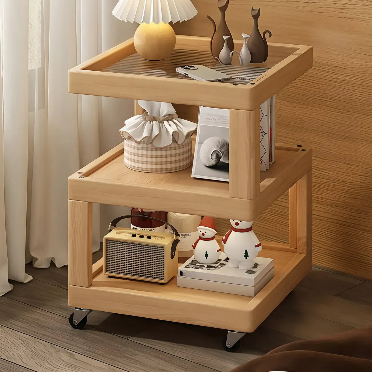 3-Tier Wood Walnut Storage Side Table with Wheels